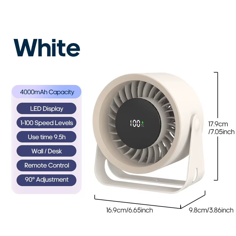 Newest 4000Mah Rechargeable Portable Desk Fan 100 Speed Angle Adjustable Wall Mount Air Cooling Fan W/ Remote Control